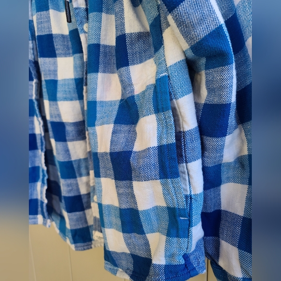 L.L Bean white and blue plaid textured twill button front hoodie - Picture 4 of 9